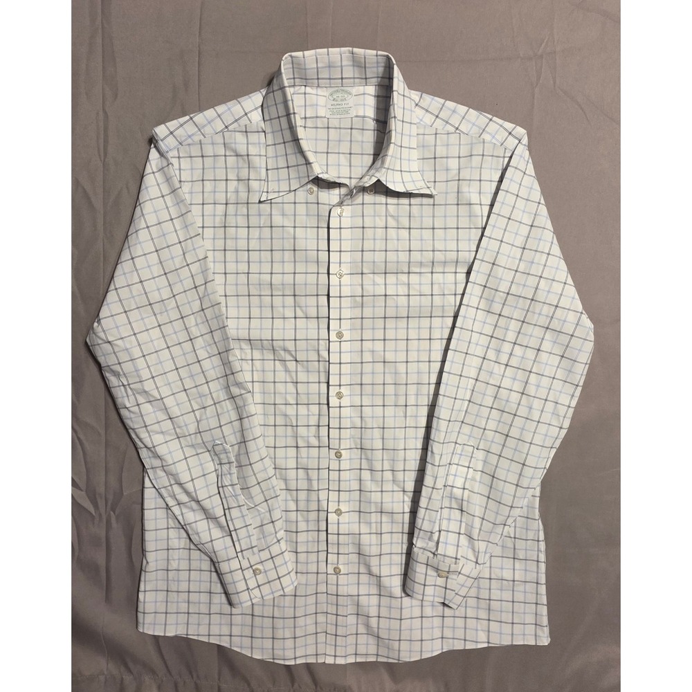 Brooks Brothers Milano Fit Non Iron Stretch Dress Shirt 16 33 White Blue Check